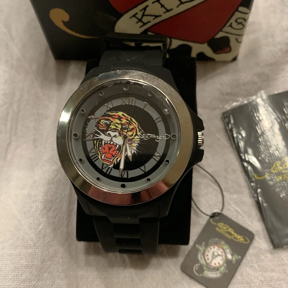 Ed Hardy Black/Silver Quartz Tiger Watch NEW Waterproof (30 meters) Measures sec